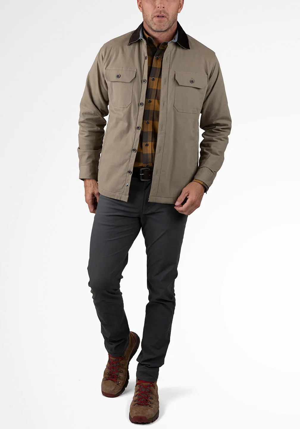 Stretch Canvas Shirt Jacket With Sherpa Lining