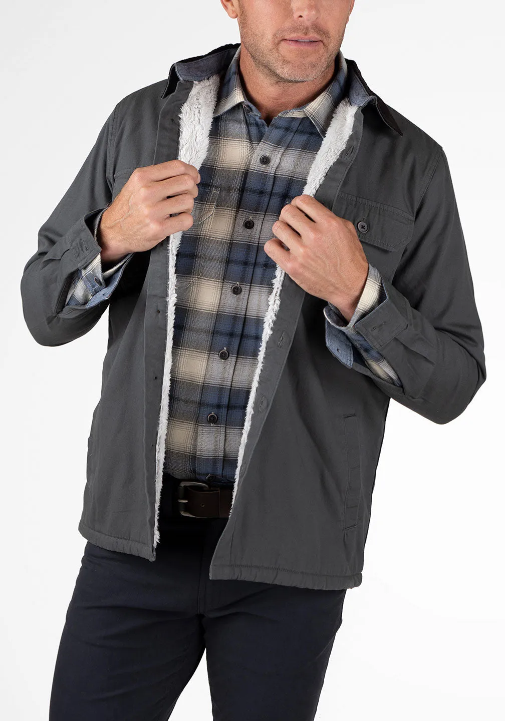 Stretch Canvas Shirt Jacket With Sherpa Lining