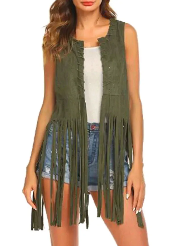 Suede Fringe Tassel Vest Jacket