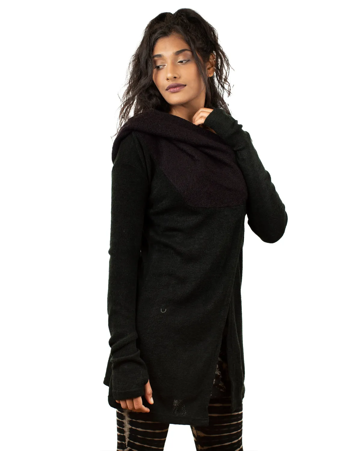 Thea Cowl Neck Hooded Cardigan Jacket Black