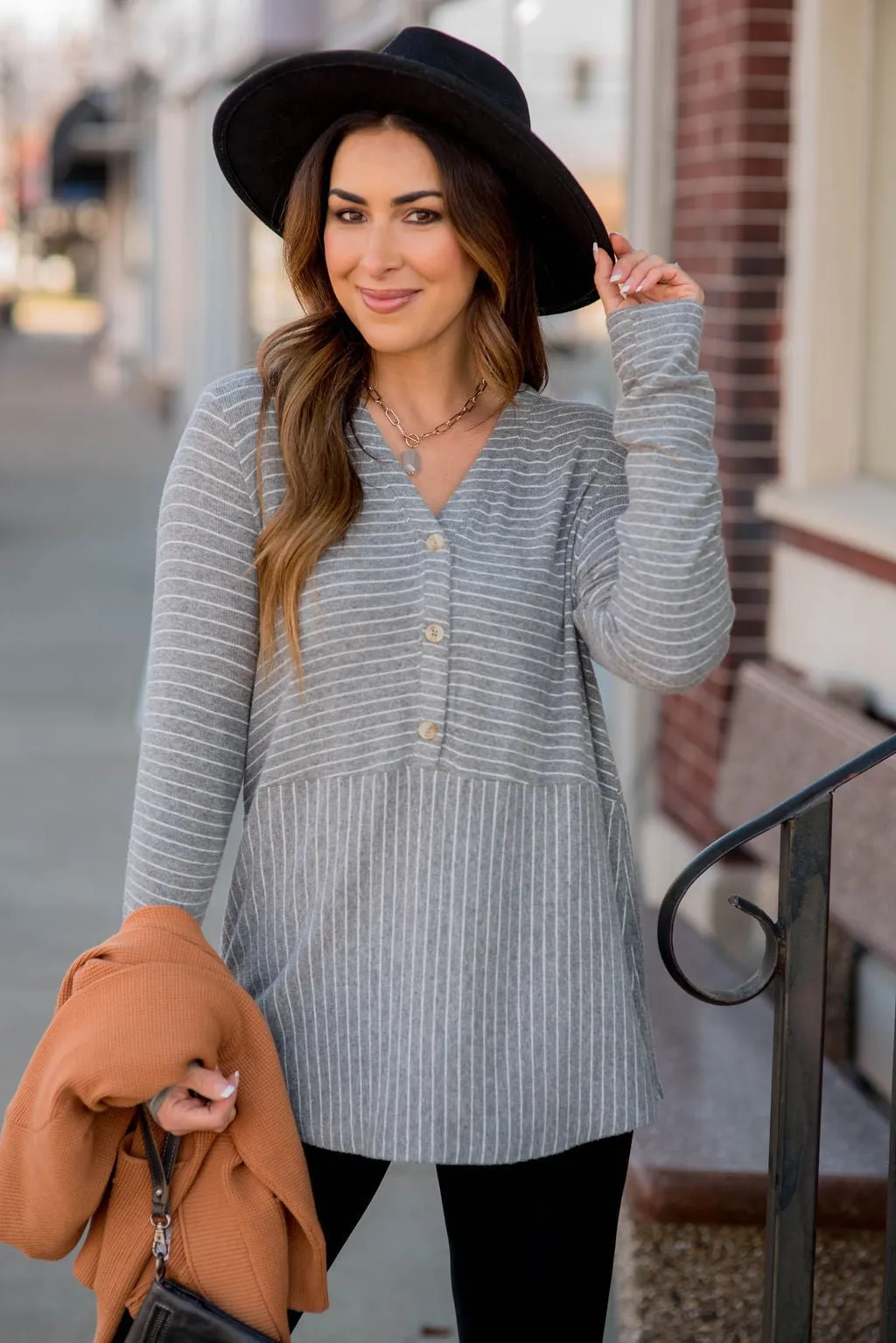 Triple Button Striped Peplum Tee