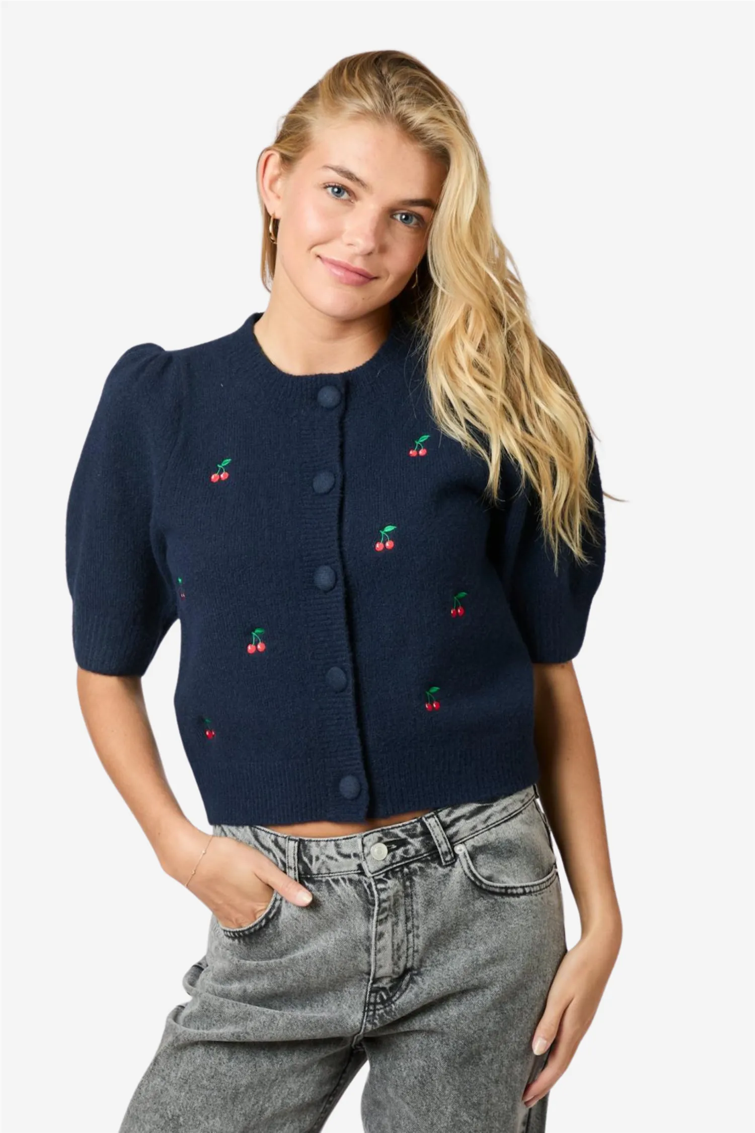 Trudy Embroidery Knit Cardigan Navy