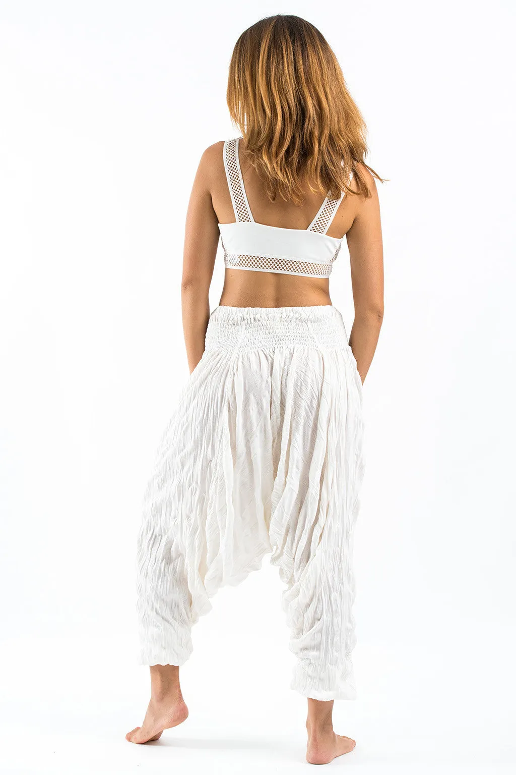 Unisex Crinkled Cotton Harem Pants in White