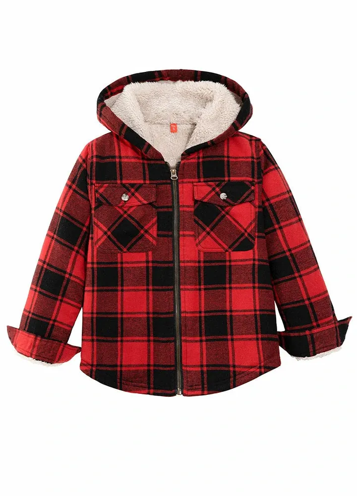 Unisex Sherpa-Lined Plaid Flannel Shacket for Toddler,Full Zip Up