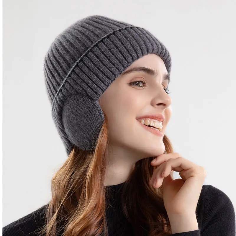 Unisex Solid Color Earflap Elastic Thickened Knit Hat