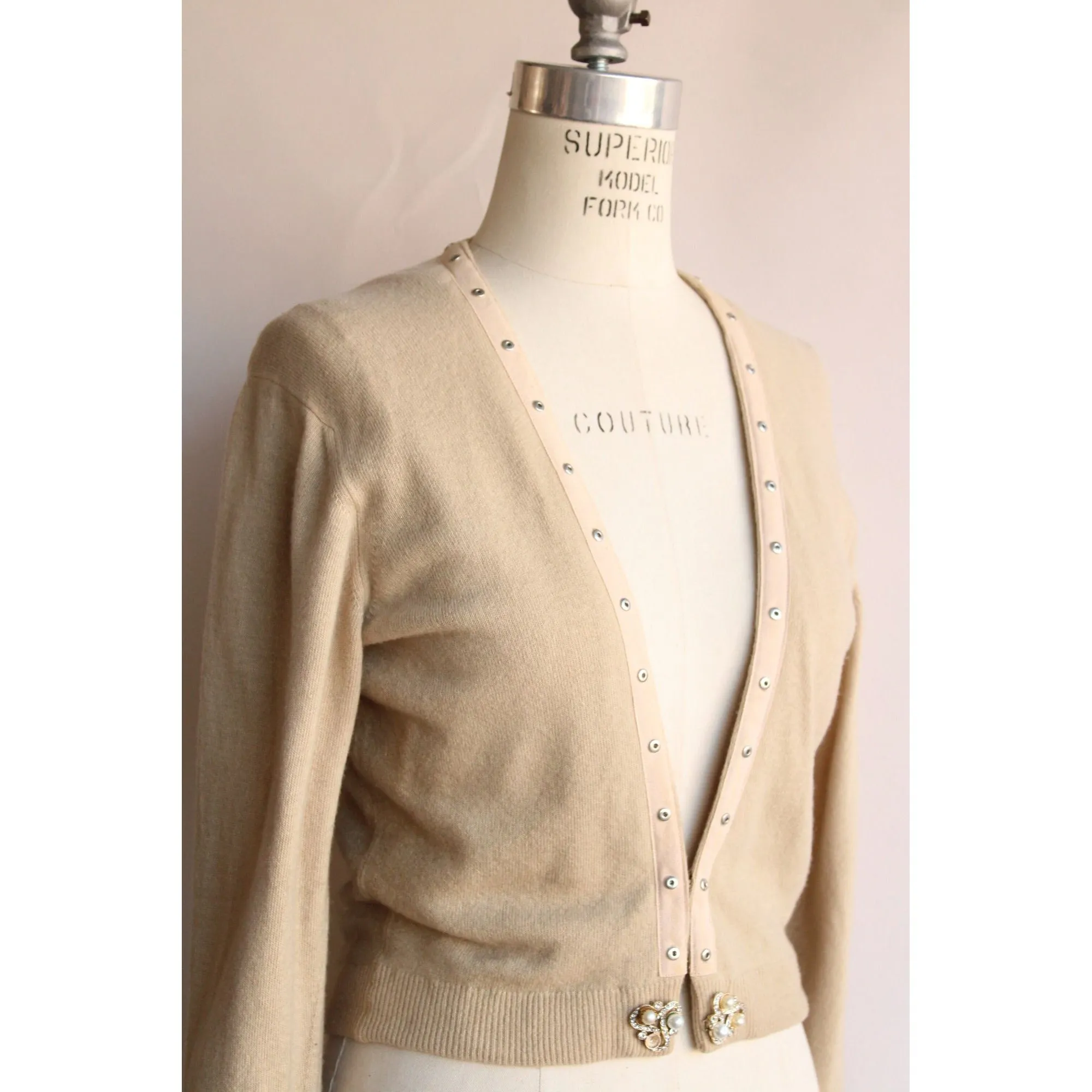 Vintage 1960s Beige Wool Angora Sweater with Rhinestones