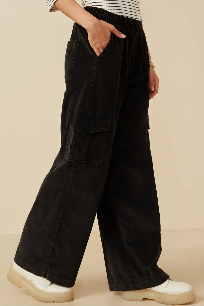 Washed Corduroy Wide Leg Cargo Pants