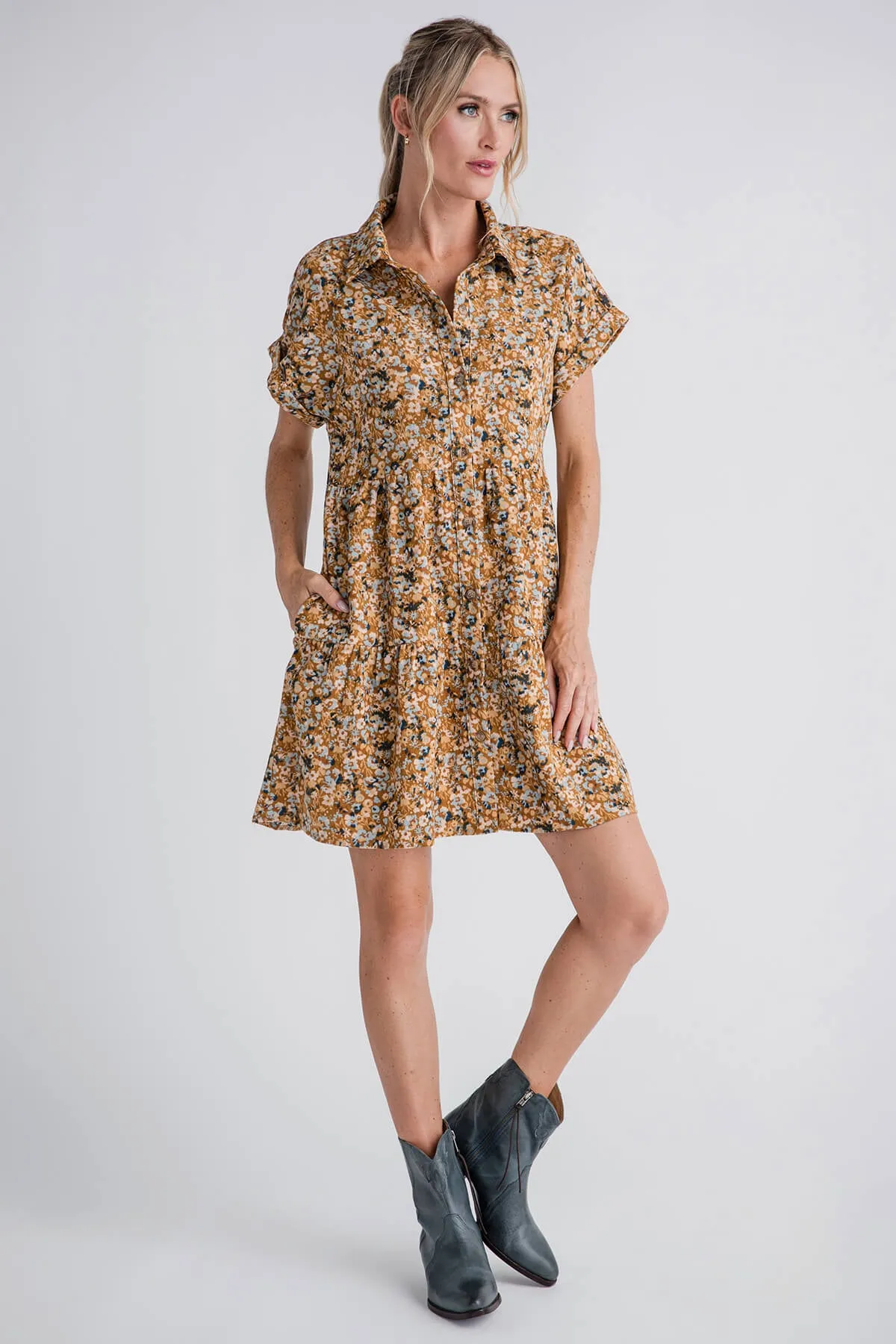 Wishlist Floral Corduroy Tiered Mini Dress