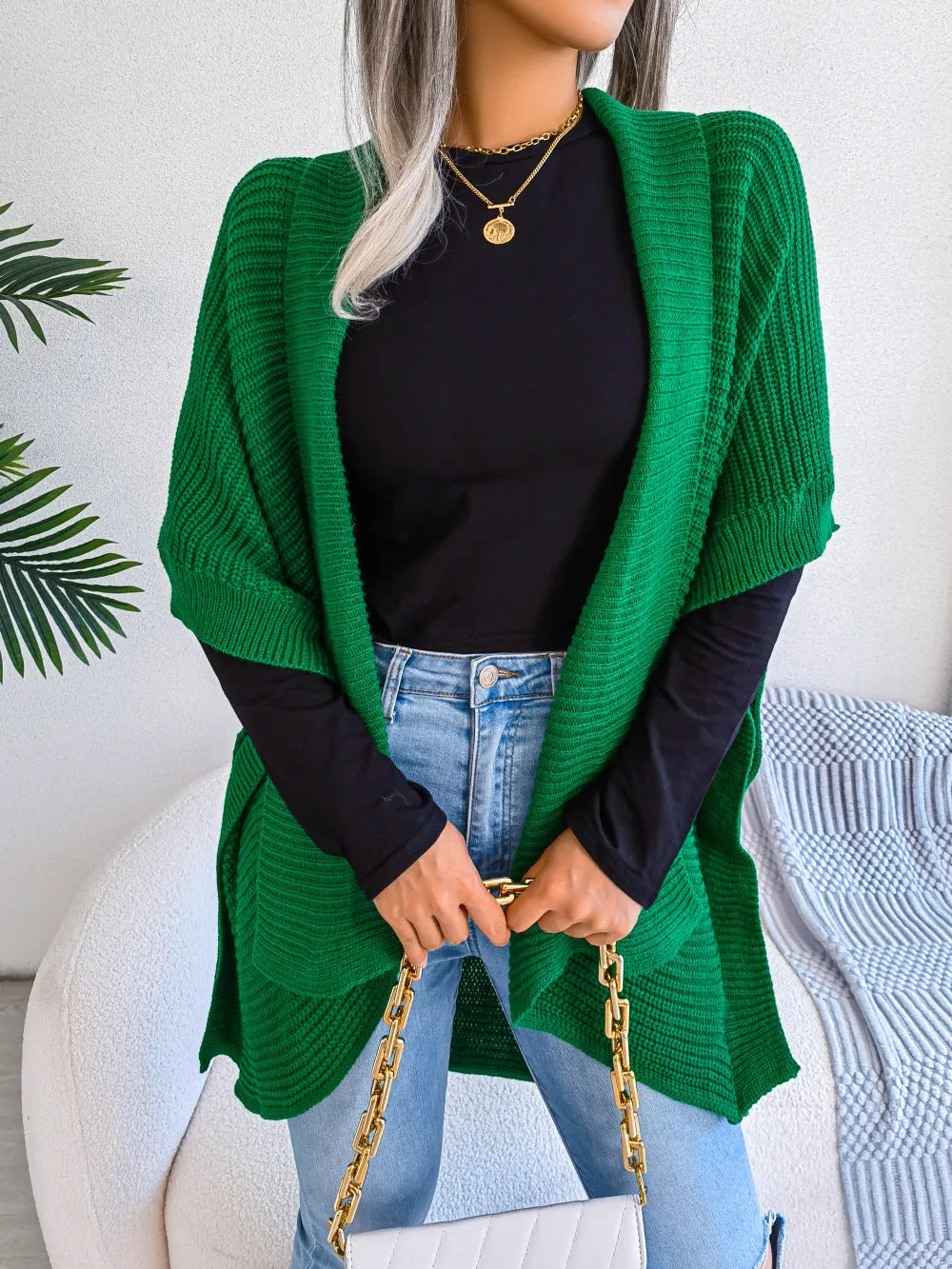 WKND Horizontal Ribbing Open Front Slit Cardigan