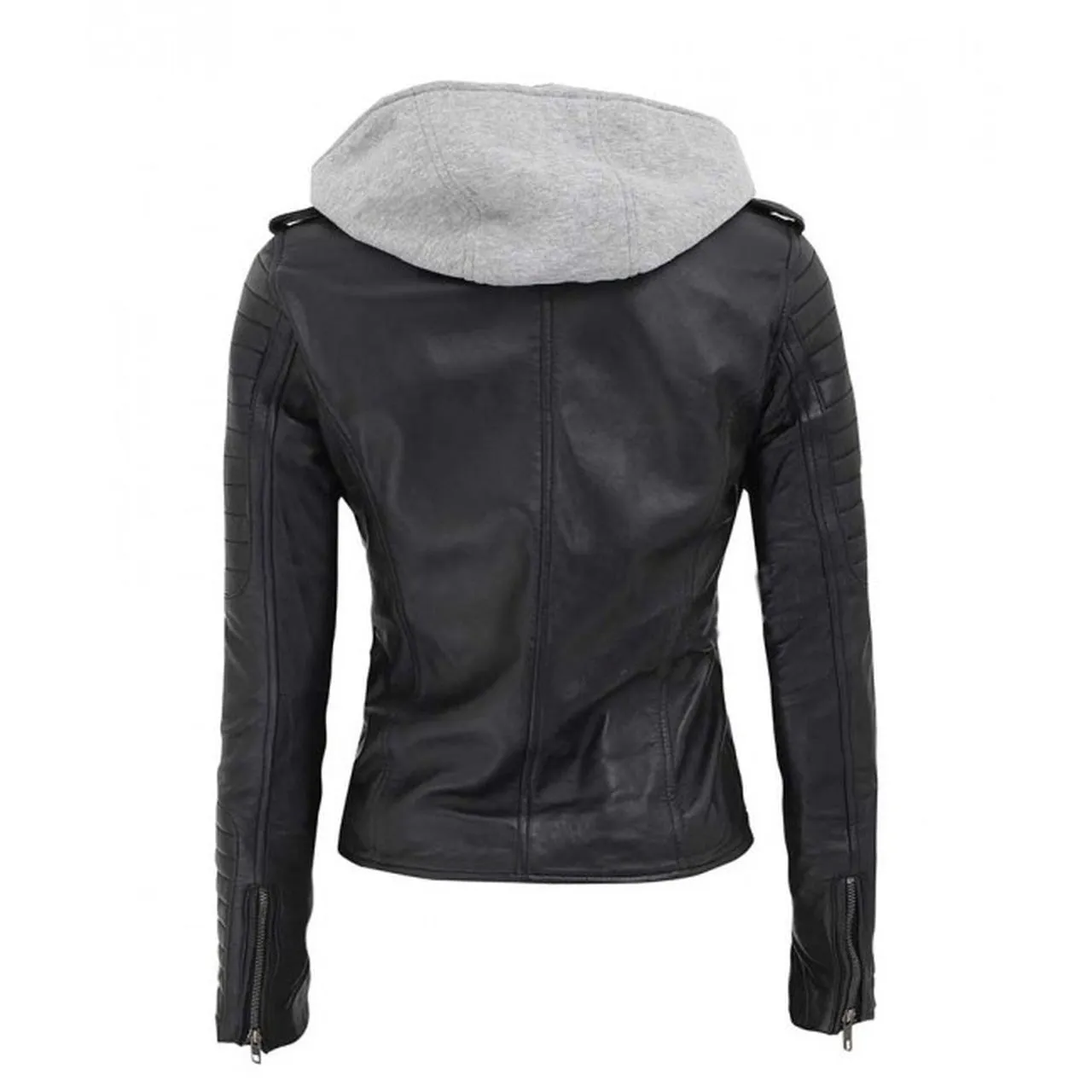 Women Black Asymmetrical Hooded Leather Jacket