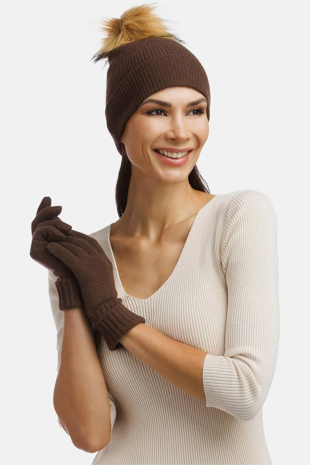 Women's 2pc 100% Cashmere Pom Beanie Hat & Glove Set with Gift Box