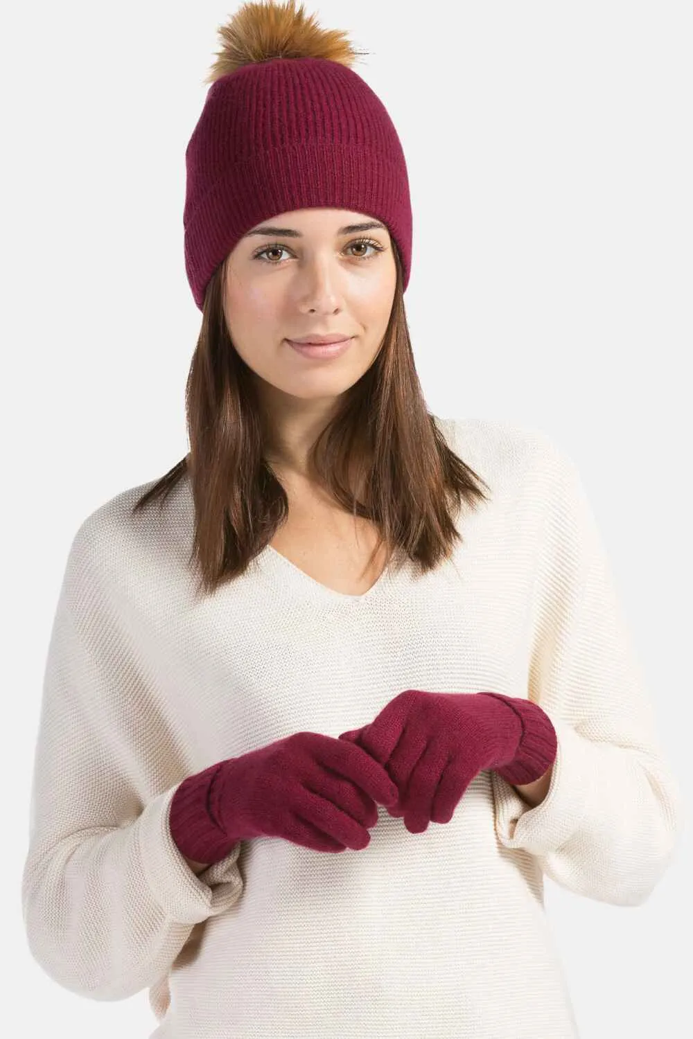 Women's 2pc 100% Cashmere Pom Beanie Hat & Glove Set with Gift Box