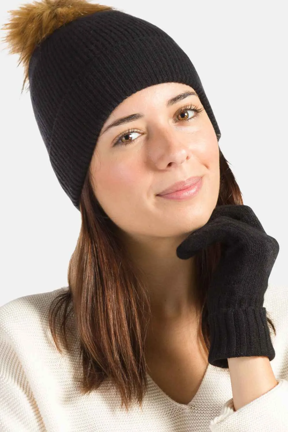 Women's 2pc 100% Cashmere Pom Beanie Hat & Glove Set with Gift Box