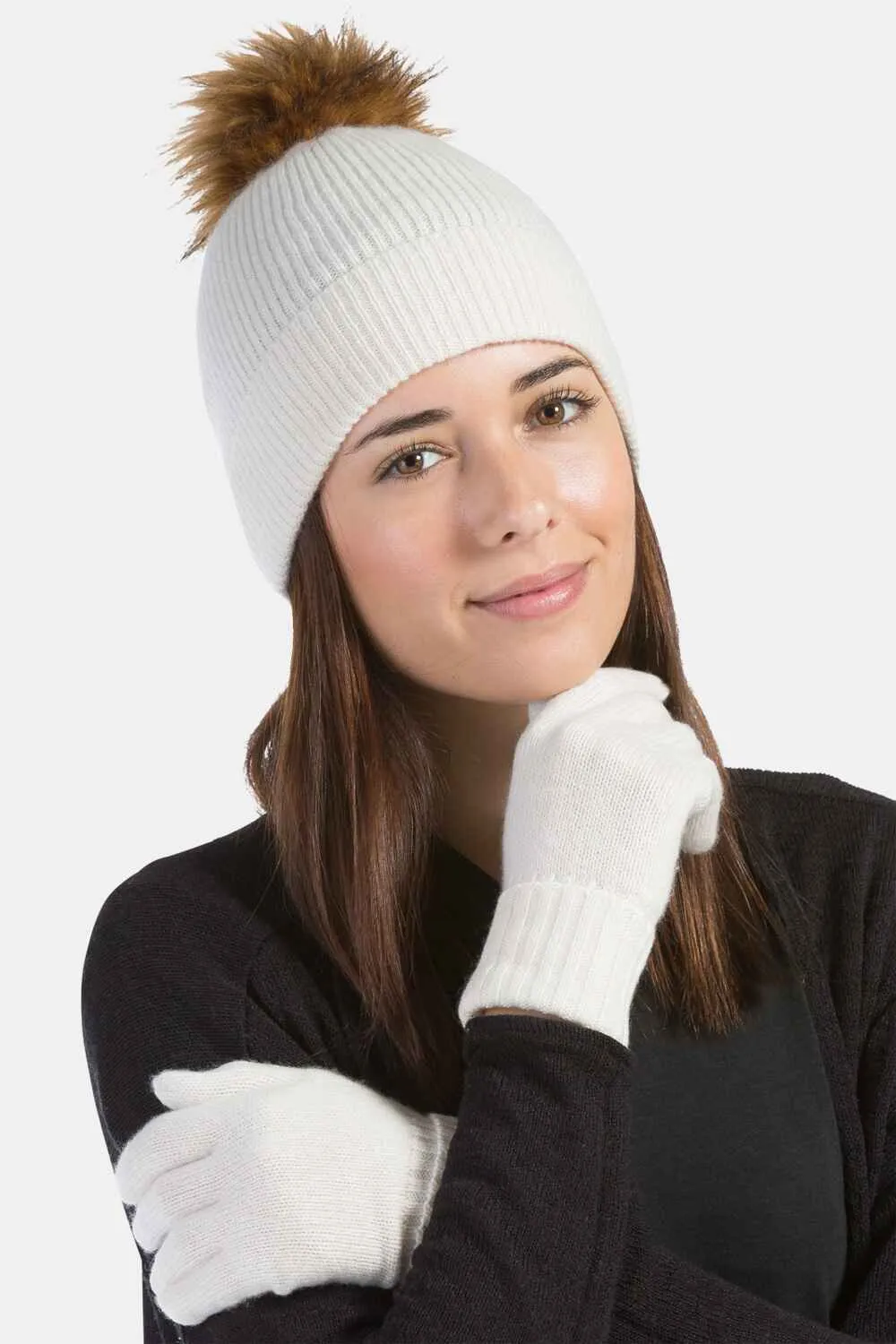 Women's 2pc 100% Cashmere Pom Beanie Hat & Glove Set with Gift Box