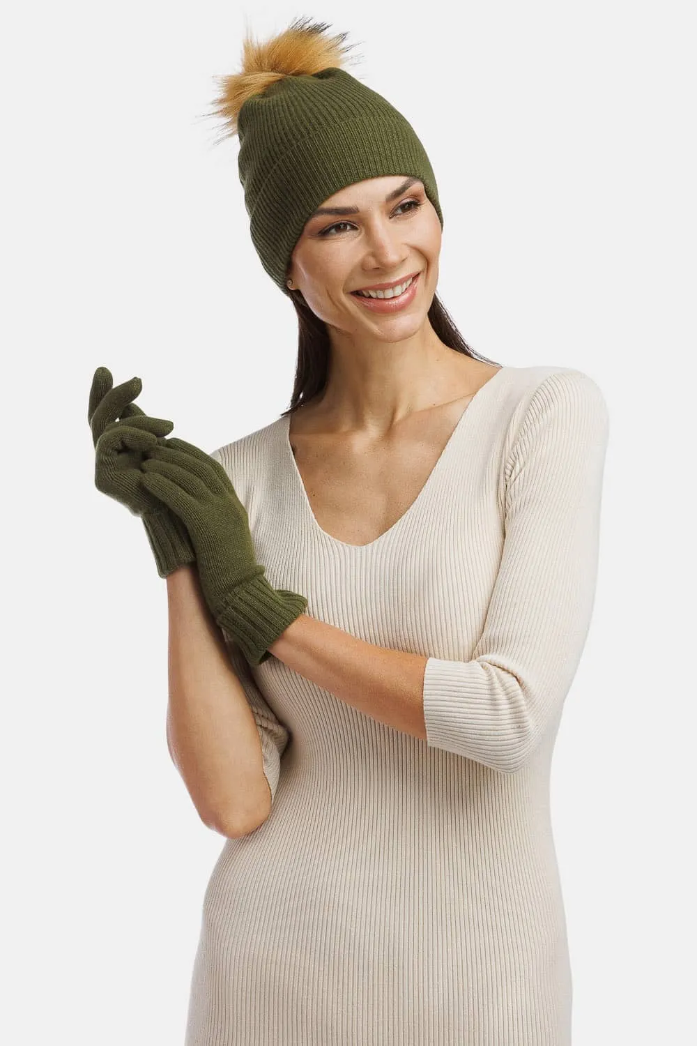 Women's 2pc 100% Cashmere Pom Beanie Hat & Glove Set with Gift Box