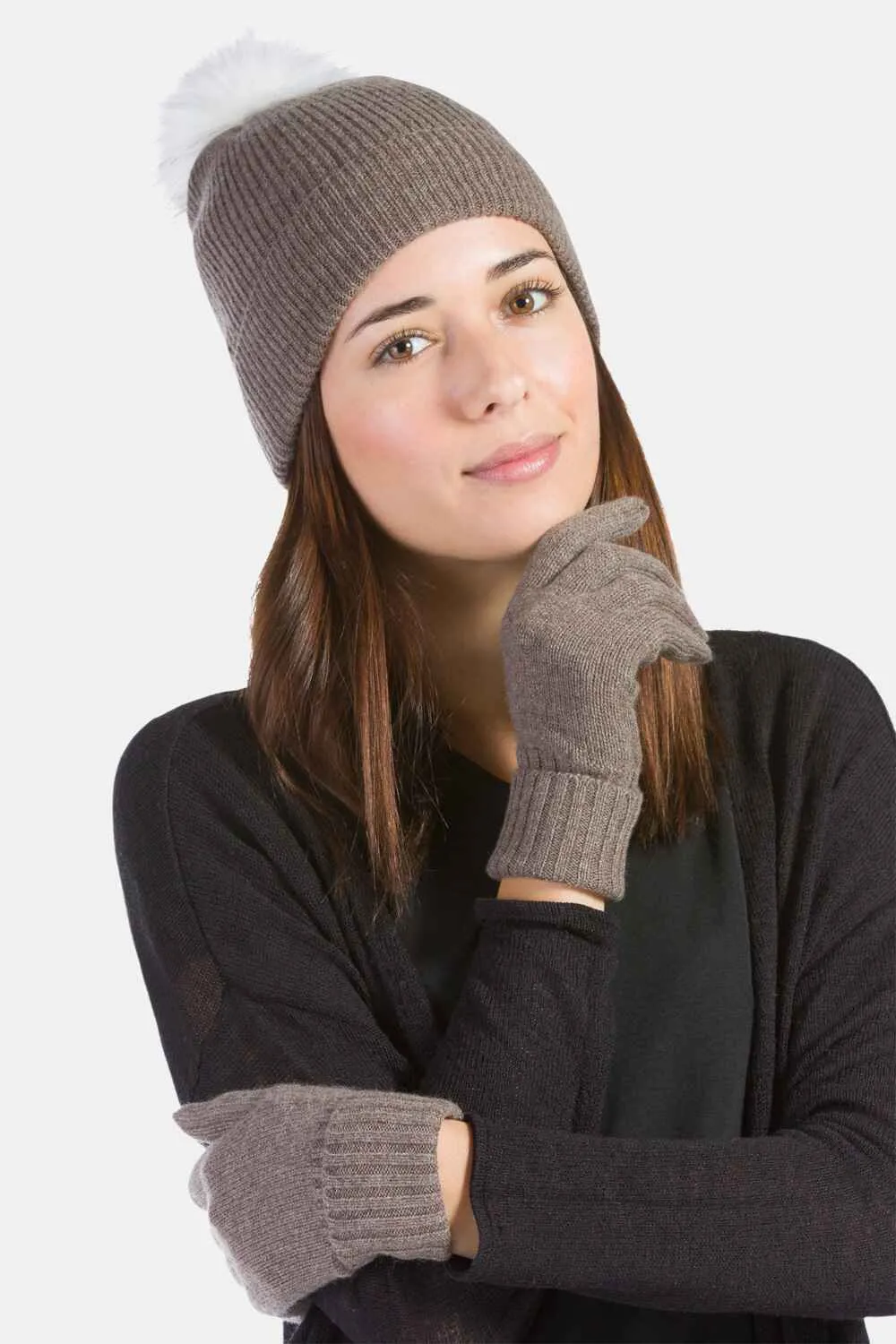 Women's 2pc 100% Cashmere Pom Beanie Hat & Glove Set with Gift Box