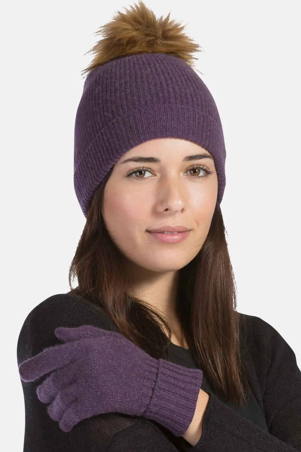 Women's 2pc 100% Cashmere Pom Beanie Hat & Glove Set with Gift Box