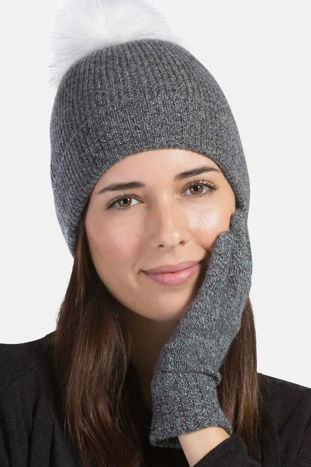 Women's 2pc 100% Cashmere Pom Beanie Hat & Glove Set with Gift Box