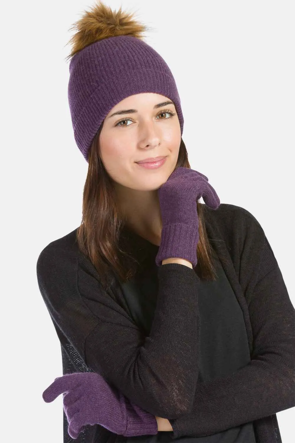 Women's 2pc 100% Cashmere Pom Beanie Hat & Glove Set with Gift Box