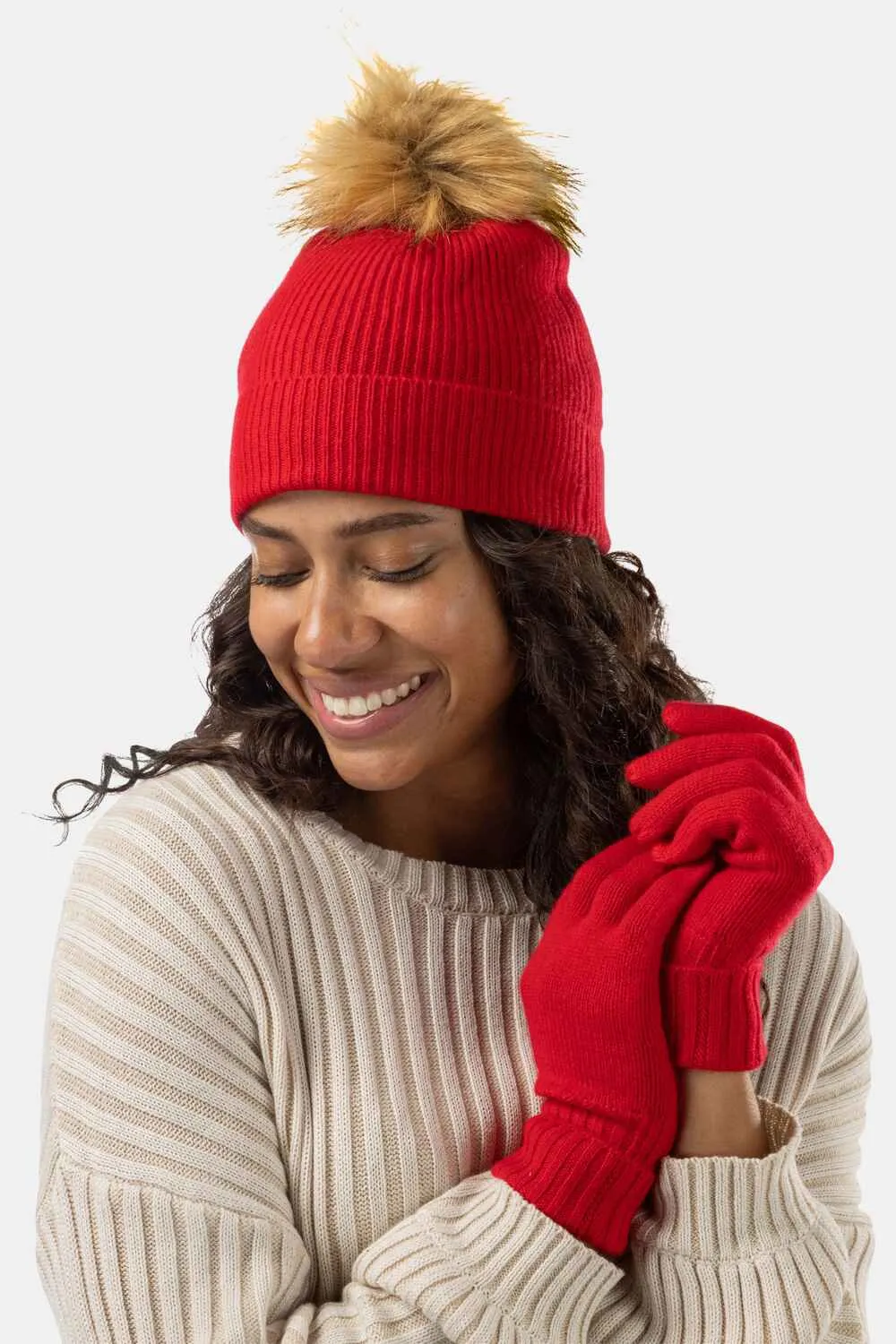 Women's 2pc 100% Cashmere Pom Beanie Hat & Glove Set with Gift Box