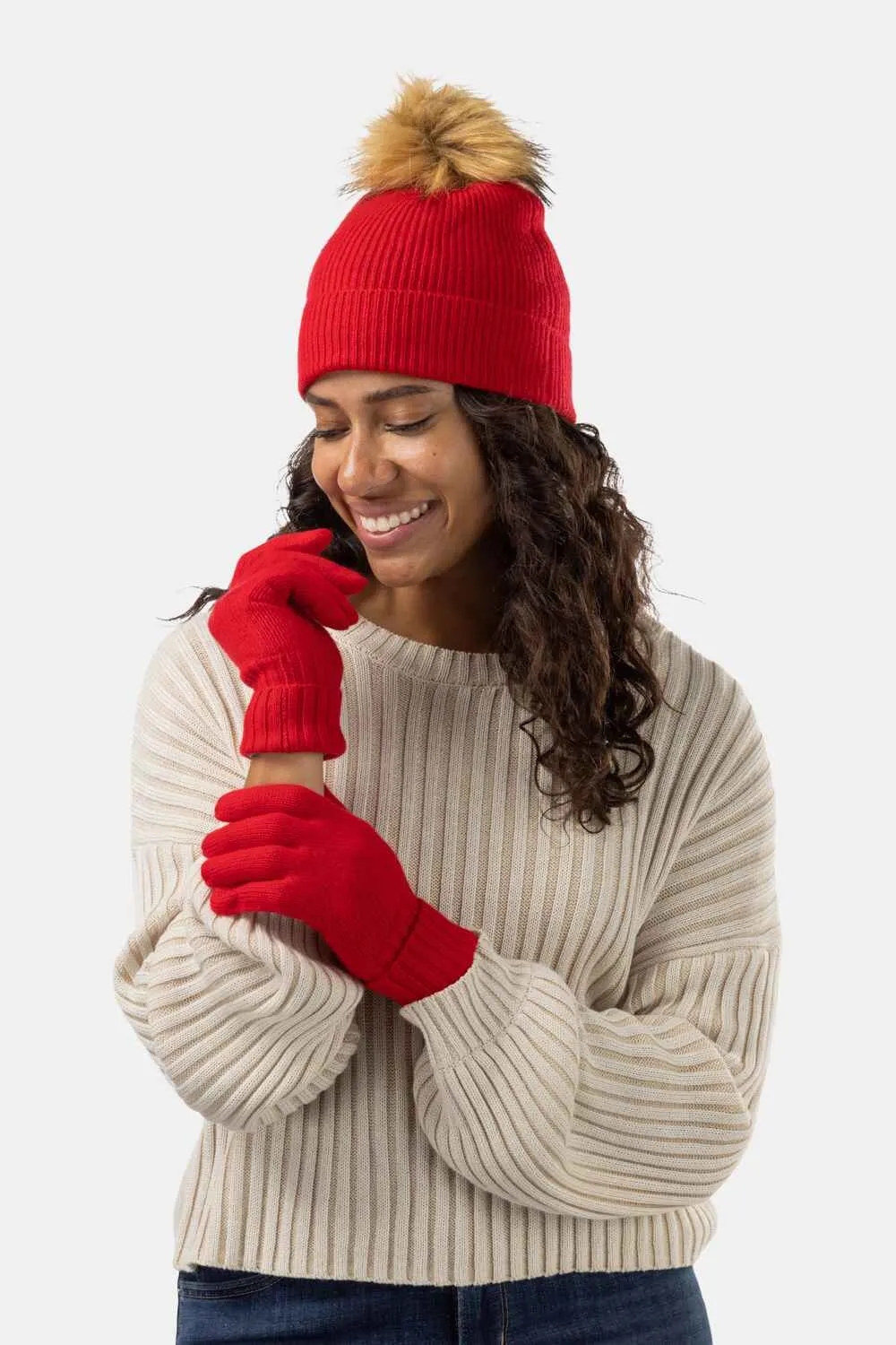 Women's 2pc 100% Cashmere Pom Beanie Hat & Glove Set with Gift Box