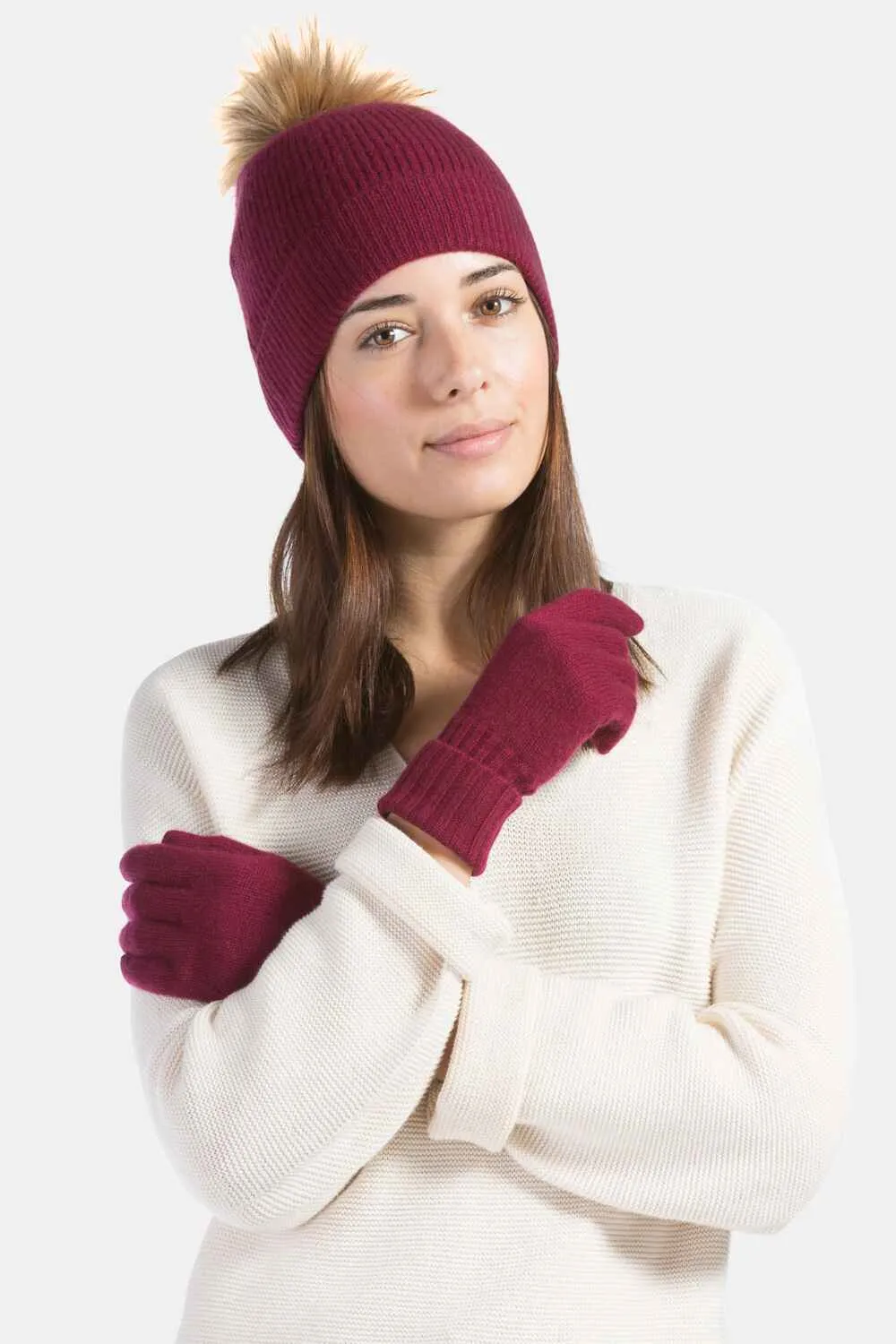 Women's 2pc 100% Cashmere Pom Beanie Hat & Glove Set with Gift Box