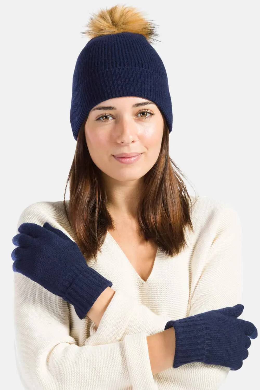 Women's 2pc 100% Cashmere Pom Beanie Hat & Glove Set with Gift Box