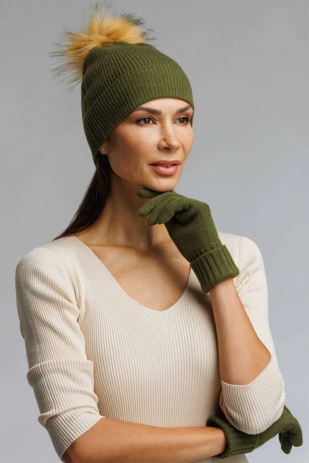 Women's 2pc 100% Cashmere Pom Beanie Hat & Glove Set with Gift Box