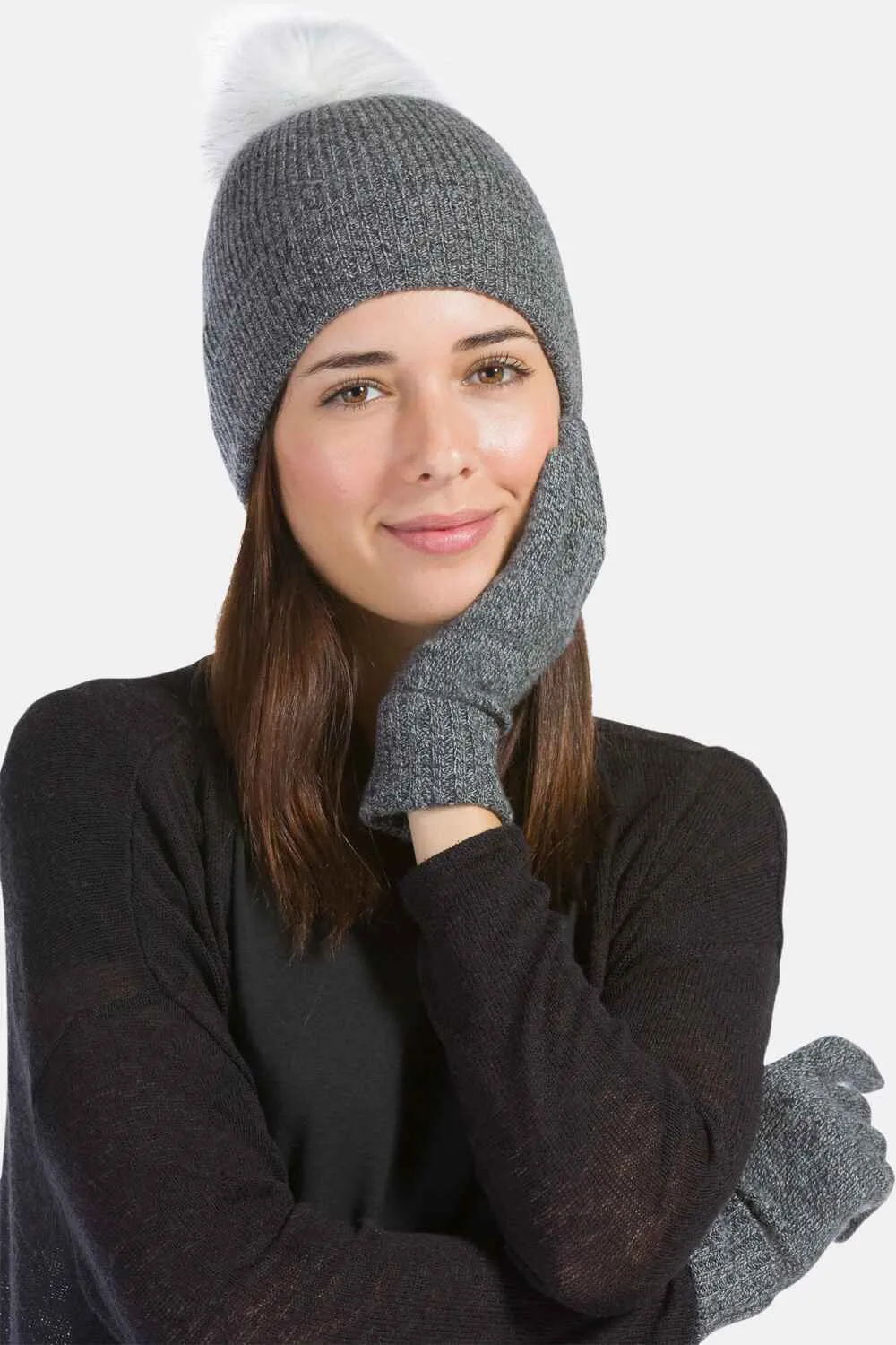 Women's 2pc 100% Cashmere Pom Beanie Hat & Glove Set with Gift Box