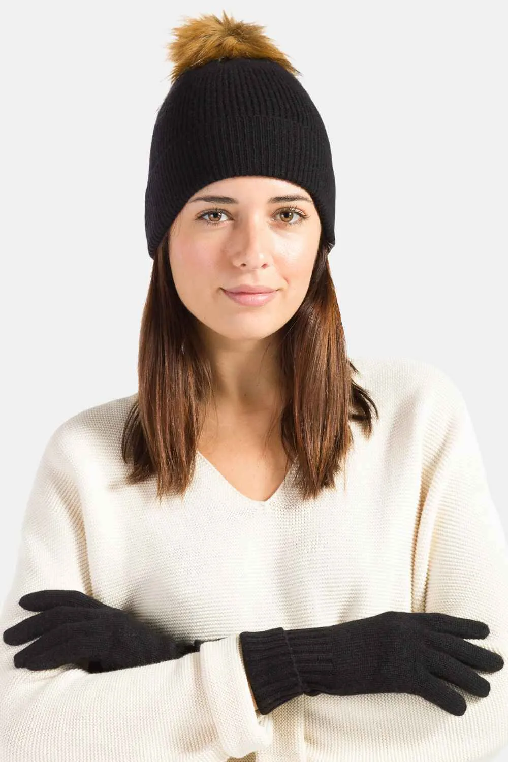 Women's 2pc 100% Cashmere Pom Beanie Hat & Glove Set with Gift Box