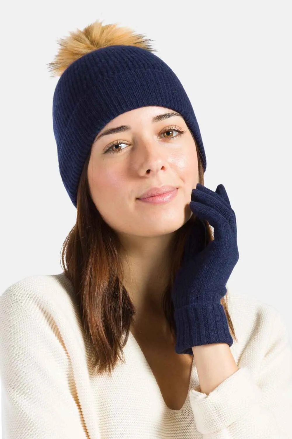 Women's 2pc 100% Cashmere Pom Beanie Hat & Glove Set with Gift Box