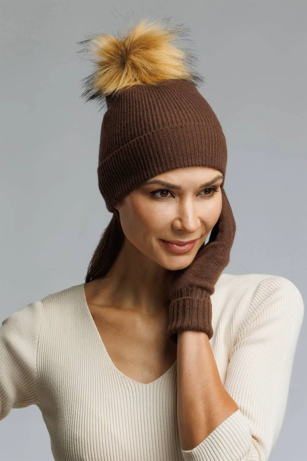 Women's 2pc 100% Cashmere Pom Beanie Hat & Glove Set with Gift Box