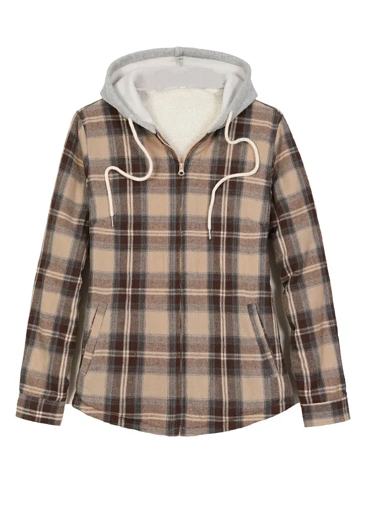 Women's Sherpa-Lined Full Zip Up Flannel Jacket with Fleece Hood