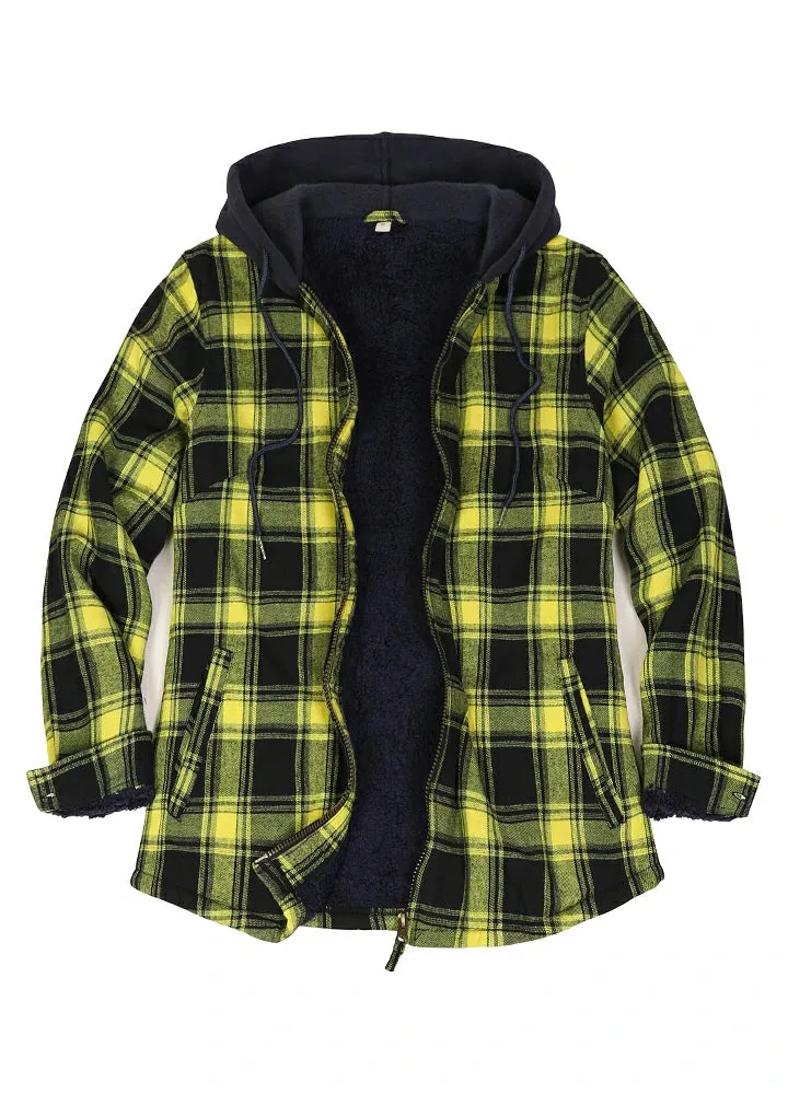 Women's Sherpa-Lined Full Zip Up Flannel Jacket with Fleece Hood