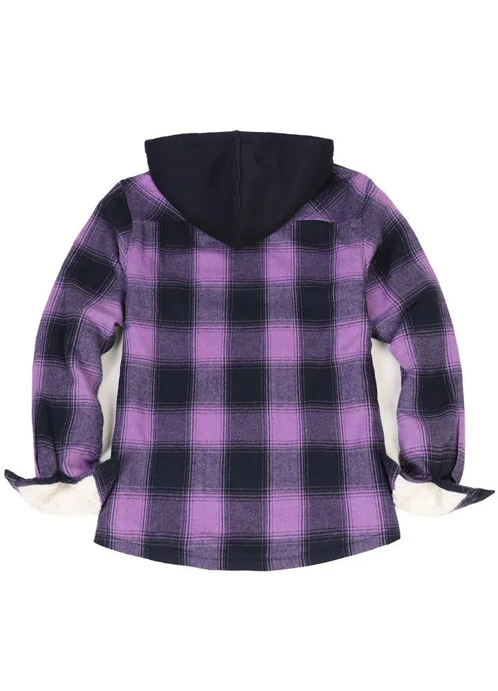 Women's Sherpa-Lined Full Zip Up Flannel Jacket with Fleece Hood