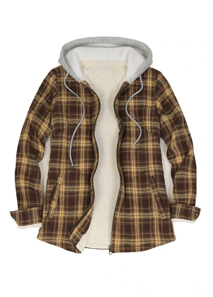 Women's Sherpa-Lined Full Zip Up Flannel Jacket with Fleece Hood