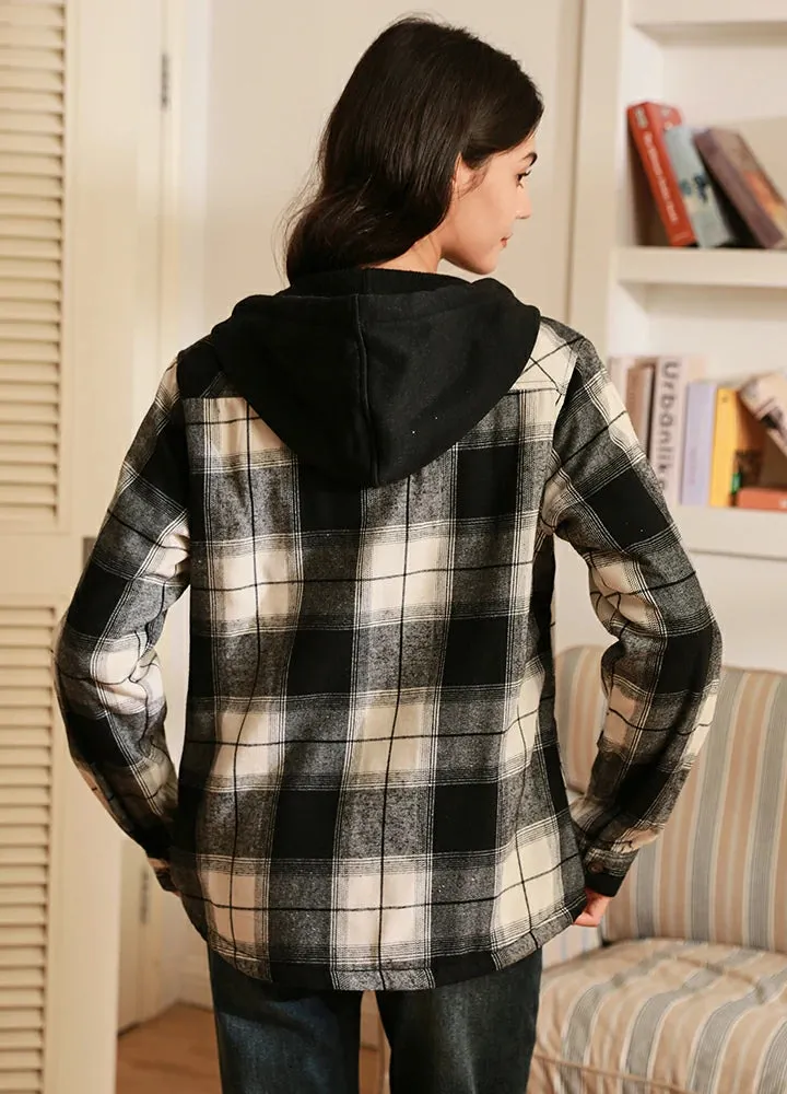 Women's Sherpa-Lined Full Zip Up Flannel Jacket with Fleece Hood