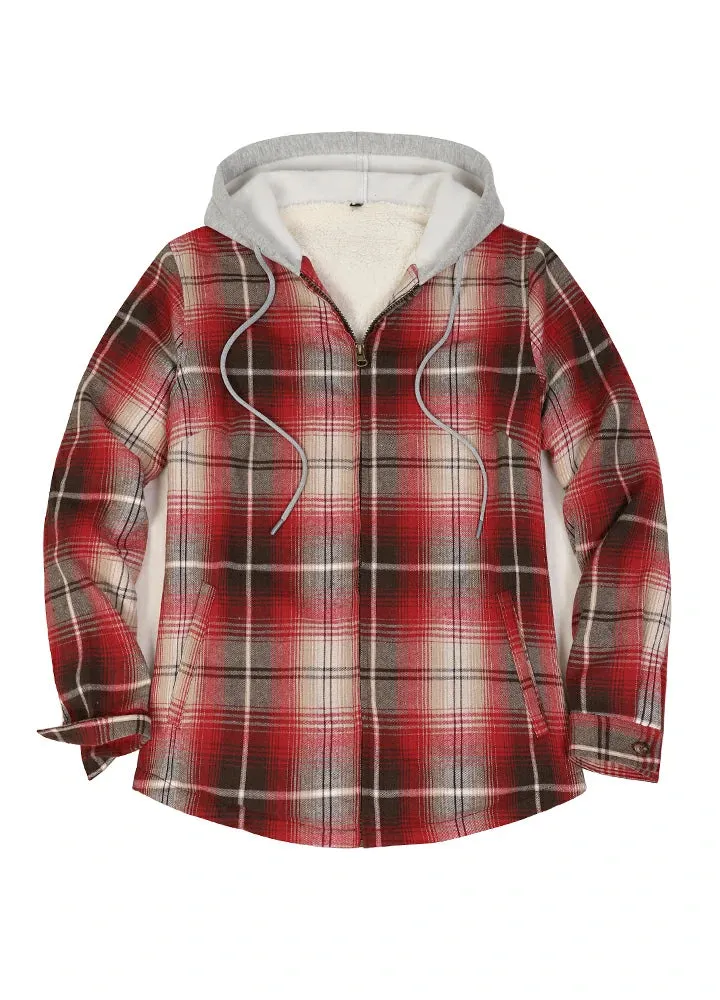 Women's Sherpa-Lined Full Zip Up Flannel Jacket with Fleece Hood