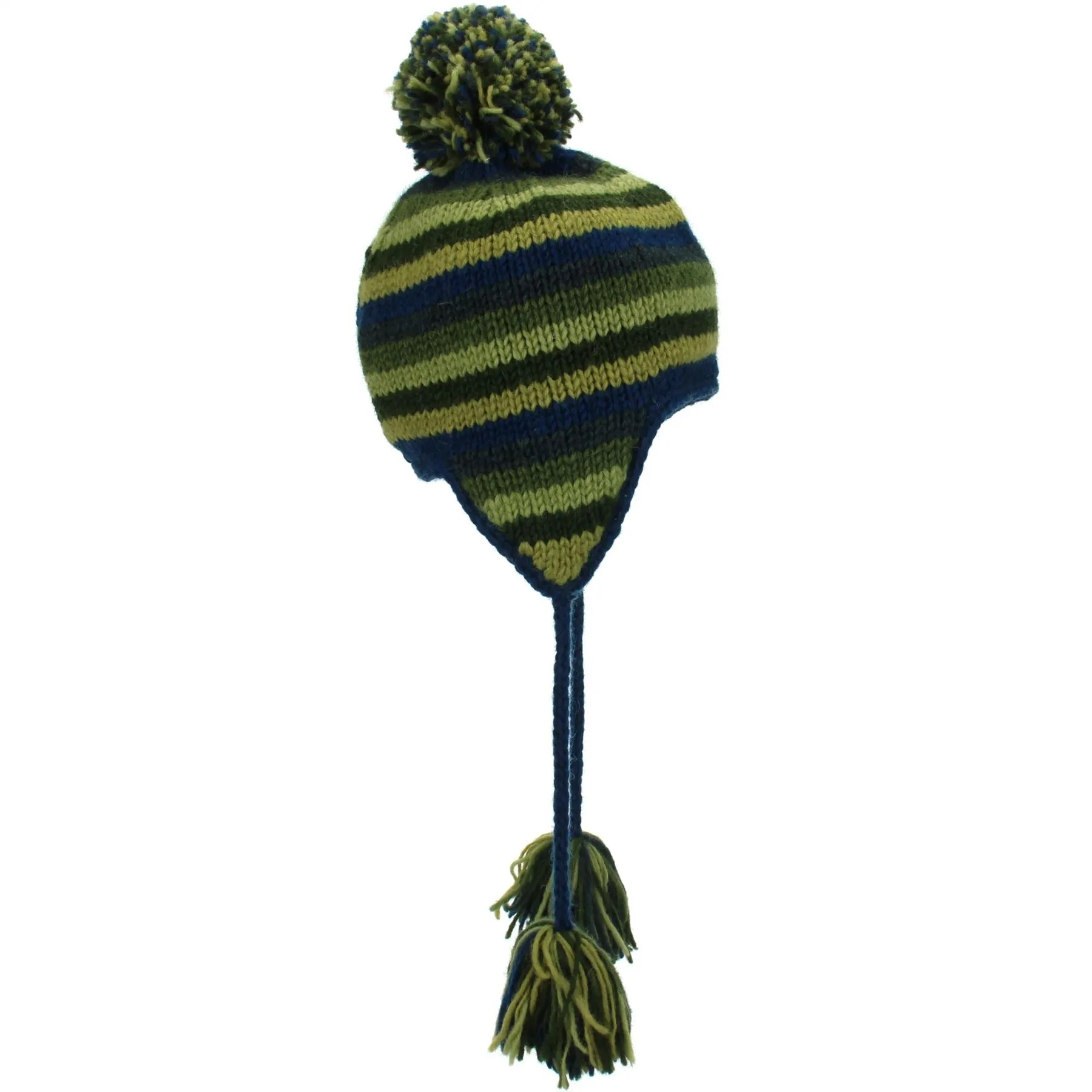 Wool Knit Earflap Bobble Hat - Stripe Blue Green