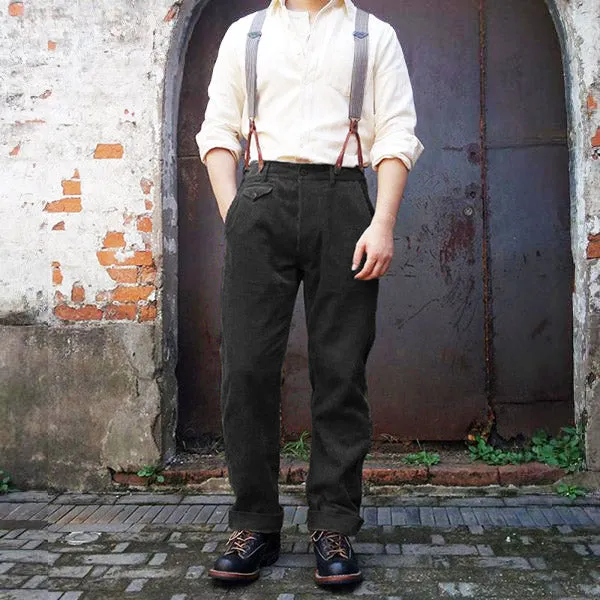 xiangtuibao - Men's Suspenders 1920s 12oz Corduroy Farmer Work Trousers Pants Black