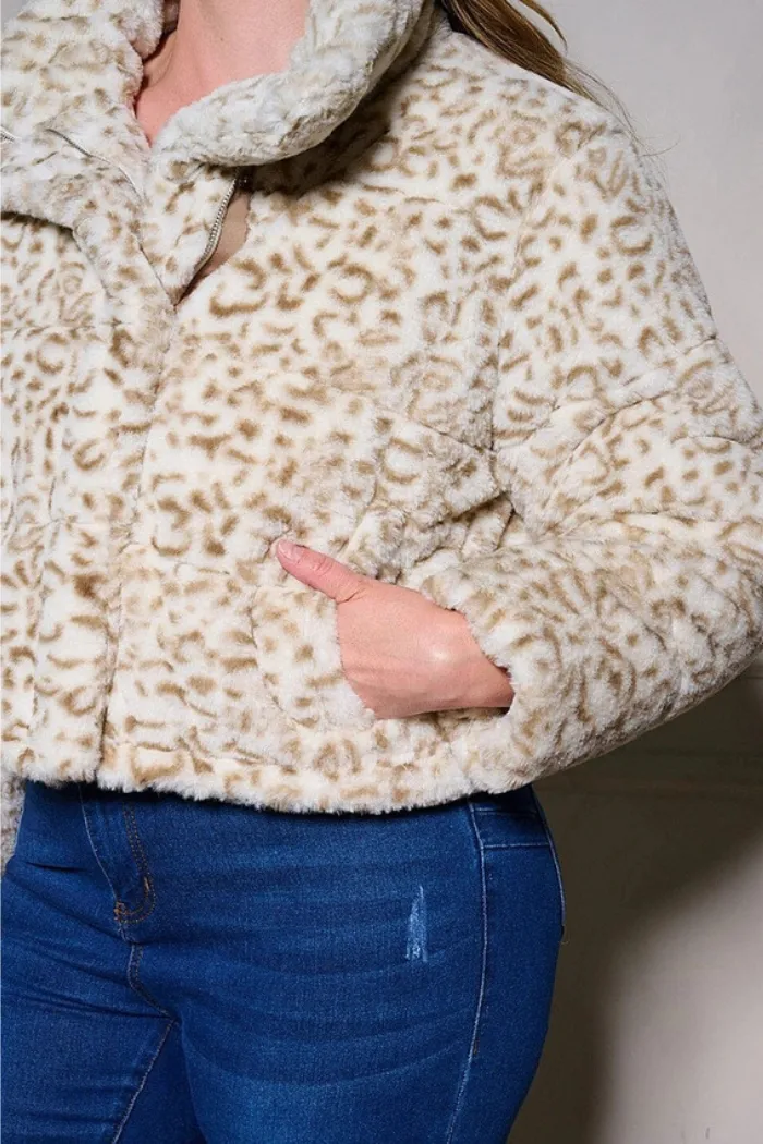 Zip Up Pockets Animal Print Sherpa Jacket